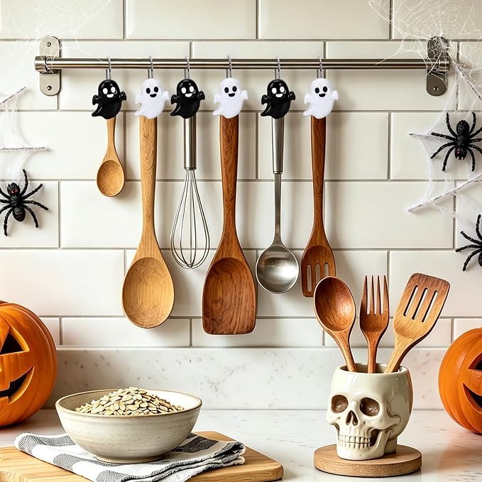 Halloween Shower Curtain Hooks 12 Pcs Ghost Pumpkin Decor Set | Resin Metal Standard Size, Smooth Gliding Rustproof, Bat Skull Spider Cat Designs, Bathroom Festive Home Accents