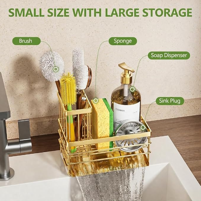 Cisily Gold Sink Caddy Sponge Holder for Kitchen with Brush Holder and Stainless Steel Self Drain Tray, Rustproof Kitchen Sink Organizer for Sponge, Soap Dispenser Storage Accessories