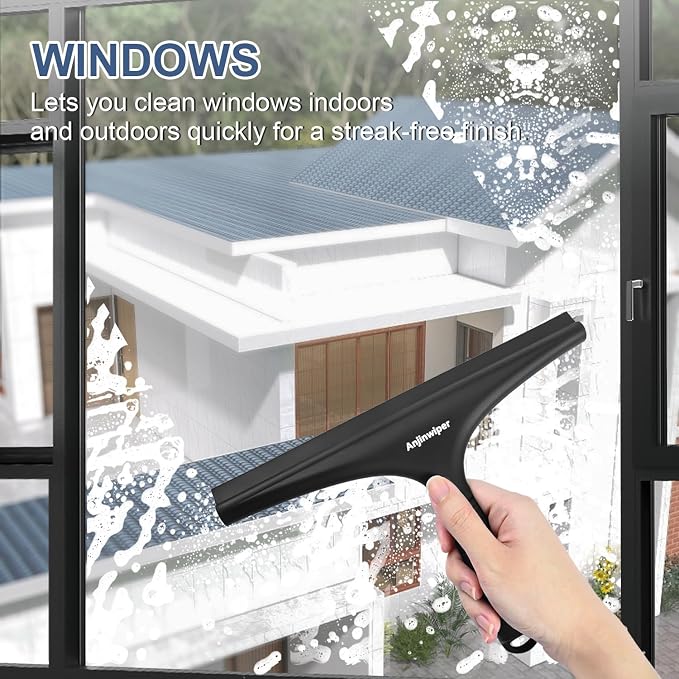 Shower Squeegee for Glass Doors, 10 Inch Bathroom Squeegee for Shower Glass | Streak Free No Squeak, Water Spot Remover with Adhesive Hook, Anti-Rust Shower Squeegee for Tile Wall, Mirror, Window, Car