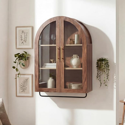 Seang Bathroom Arched Wall Cabinet,23.6" Modern Medicine Cabinet with Towel Bar and Adjustable Shelf,Over The Toilet Wall Storage Cabinet for Laundry Room,Living Room,Kitchen,Walnut