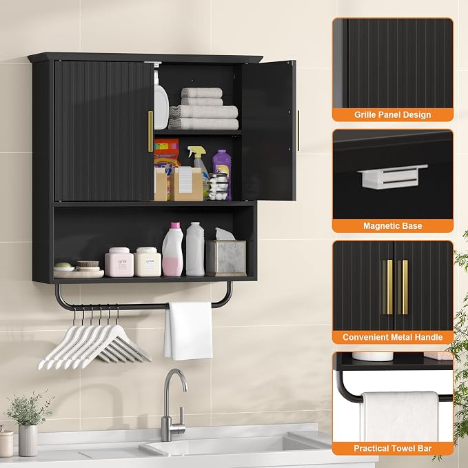 Wall Mounted Cabinet with Towel Bar & Shelves for Kitchen Bathroom | Black Space Saving Wood Bathroom Wall Cabinet 2 Doors for Laundry, Kitchen, Living Room