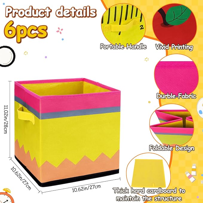6 Pcs 11in Fabric Storage Bins, Collapsible Cubby Baskets with Handles | Collapsible & flat‑fold, Side handles for easy tote, Colorful school prints, Classrooms, homes, daycares all work