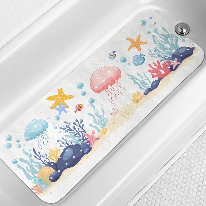 LNOND Bath Mat for Tub for Kids, Sea World Bathtub mat Non Slip, Jellyfish Starfish Coral Bath Mats for Bathroom Non Slip with Drain Holes and Suction Cups,Machine Washable (40 X 16 Inch)