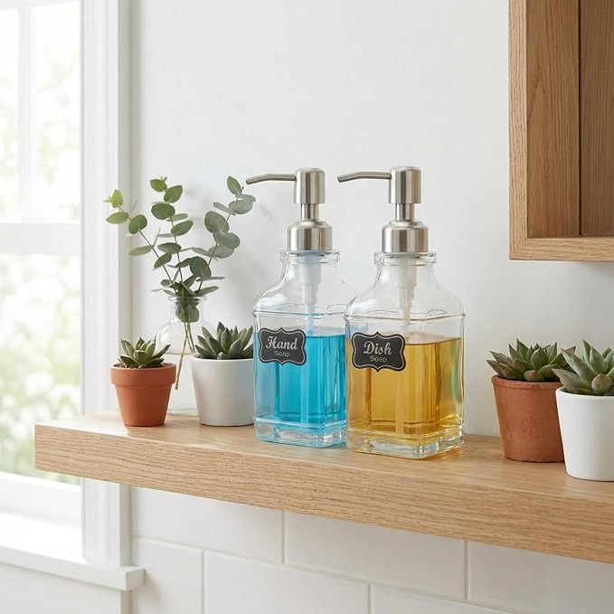 JASAI 2Pack Hand&Dish Glass Soap Dispenser with Rust Proof Pump & Stickers | Kitchen Soap Dispenser with 304 Stainless Steel Pump, Premium Bathroom Soap Dispensers for Dish Soap, Hand Soap，Lotion