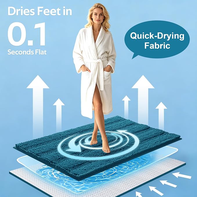 Comfydew Striped Teal Blue Bathroom Rug Set 3 Pieces Ultra Soft, Non Slip Chenille Toilet Mat, Absorbent Plush Shaggy Bath Mats for Bathroom, Bedroom, Kitchen