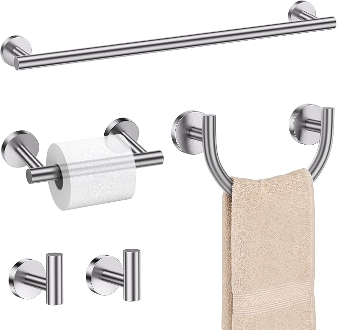 TURS 5-Pieces Brushed Nickel Bathroom Hardware Accessories Set 23.6inch SUS304 Stainless Steel Towel Bar Set Double Post Pivoting Toilet Paper Holder Set Wall Mounted