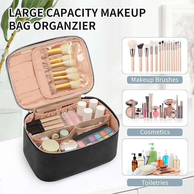 Makeup Bag, Portable Cosmetic Bag Black Make up Case Toiletry Bag | Large Capacity Travel Makeup Case Organizer for Women Toiletry Bag for Girls Traveling With Handle and Divider