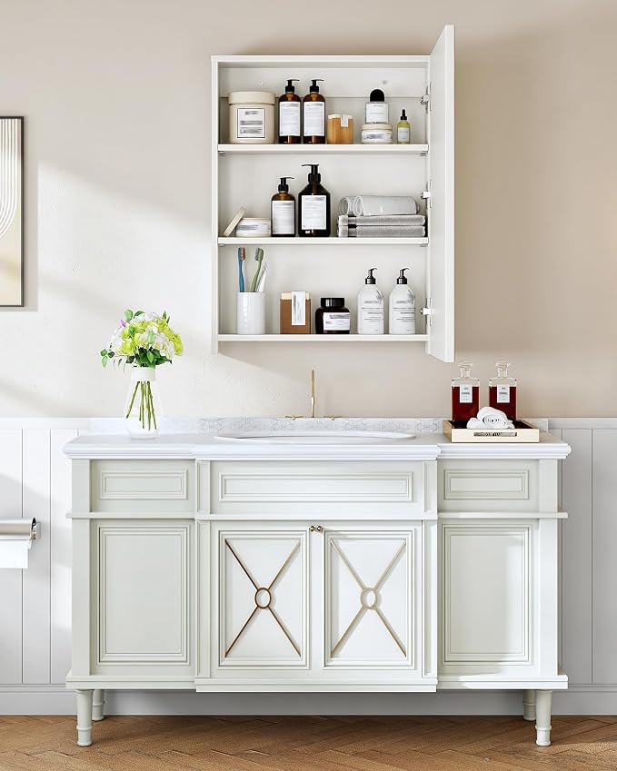 Bathroom Medicine Mirror Cabinet, 21.7'' x 27.6'', Wall-Mounted Bathroom Vanity with Mirror, Bathroom Medicine Cabinet with Storage Function, Hanging Storage Cabinet, Adjustable Shelves, White