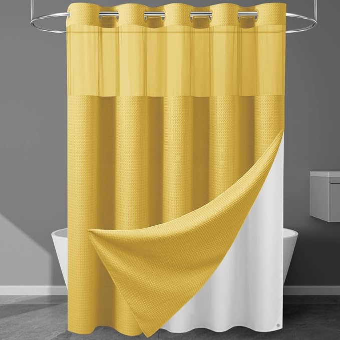 EUTXL Heavyweight Waffle No Hook Shower Curtain with Liner, 71x74, Yellow | Snap in Liner, 256GSM, Thick, Hotel Luxury Spa, Waterproof Fabric, Corner Magnets, 3 in 1 Set, Washable, Hang in Seconds