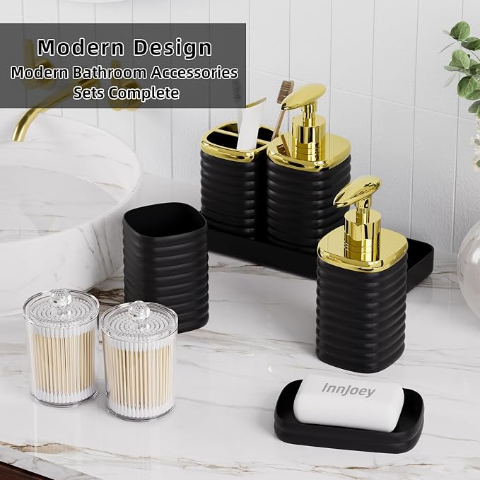 Bathroom Set - 10PC Bathroom Accessory Set, Black Bathroom Set, Luxury Bathroom Accessories Set, Trash Can, Toilet Brush, Soap Dish, Qtip Holder & Soap Dispenser