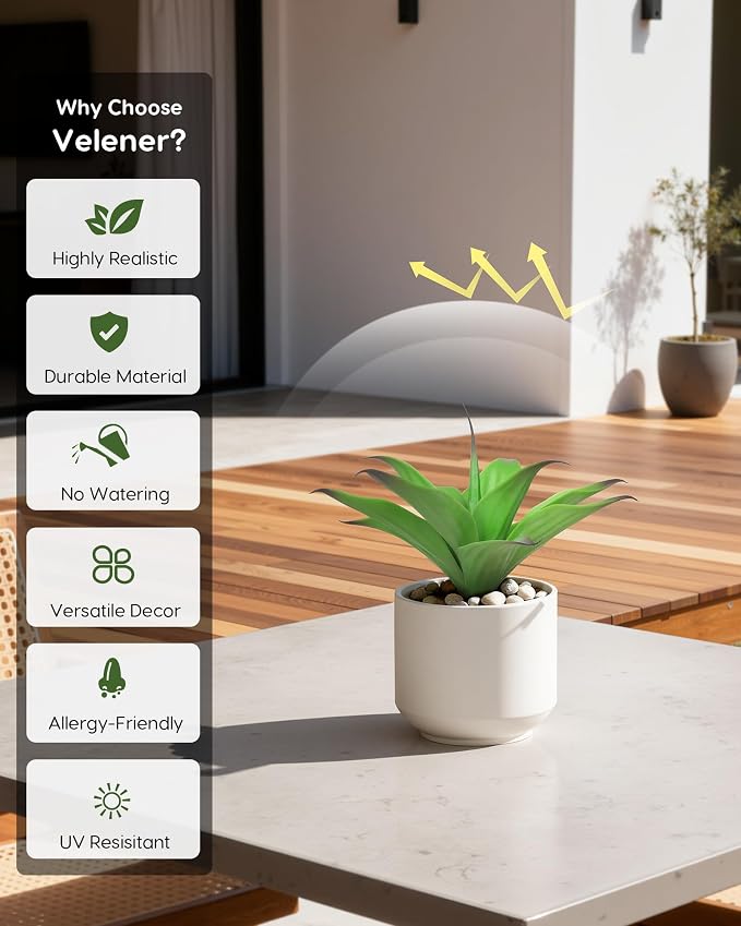 Velener 13.8 Inch Artificial Agave Plants, UV Resistant Fake Outdoor Plants, Small Faux Plants for Indoor Decor(Green)-2 Pack