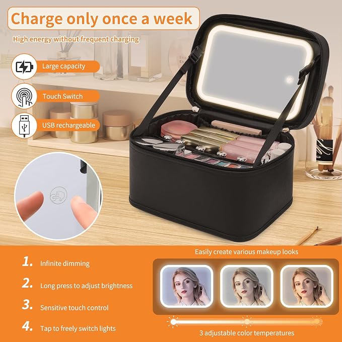 Makeup Bag With LED Mirror, Travel Makeup Bag With 3 Color Setting Light Up Mirror Cosmetic Makeup Organizer Vanity Case for Women Beauty Tools Accessories Rechargeable Makeup Travel Bag-Black