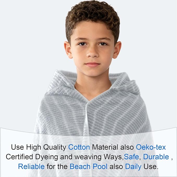 VOOVA & MOVAS Big Kids Hooded Bath Wrap, 8+, 100% Cotton, Thick, Gray White | Classic Horizontal Stripe, Soft, Absorbent & Quick Dry, Great for All Water Activities