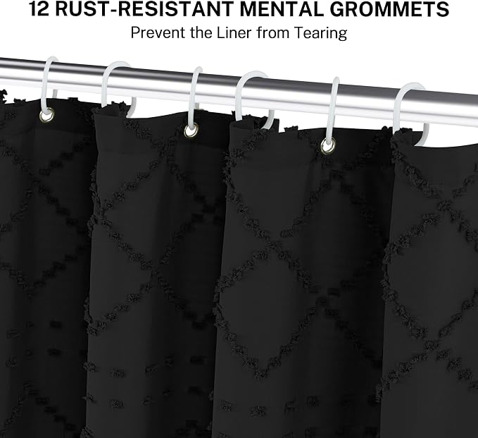 Extra Long Black Woven Fabric Boho Shower Curtain with Tassels 72 x 80 Modern Farmhouse Minimalist, Tufted Chevron Textured Striped Shabby Chic, Water Resistant Cloth Curtain for Bathroom, Hotel Decor