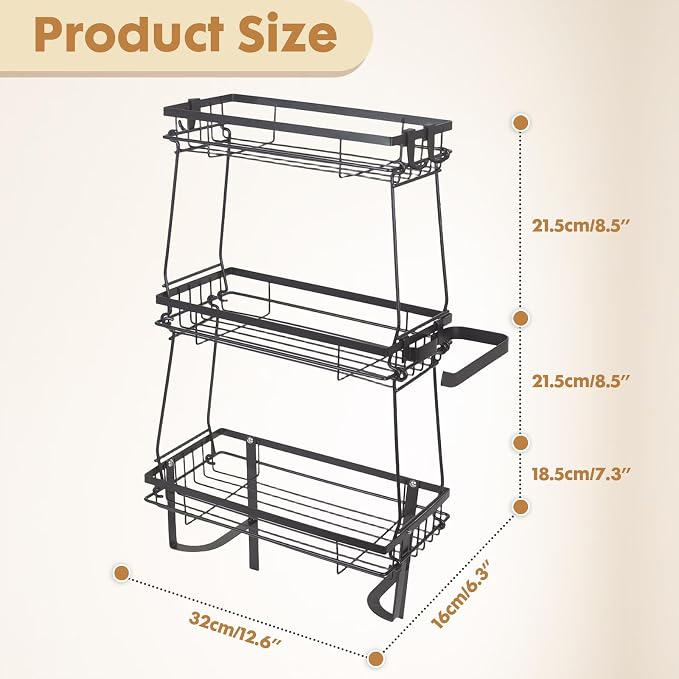 ShellKingdom Over The Toilet Storage Shelf, 3 Tier Toilet Paper Holder Rack | Punch-Free Bathroom Storage Rack with 2 Hooks, Small Space Organizers for Bathroom, Home, Black