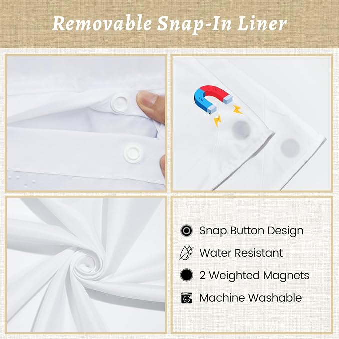 WONICY No Hook Linen Look Shower Curtain with Snap-in Liner, White, 71 x 77 | Ringless, Waterproof & Washable, Hotel Style, Mesh Top Window, Bottom Magnets, Thick, Farmhouse, for Bathroom