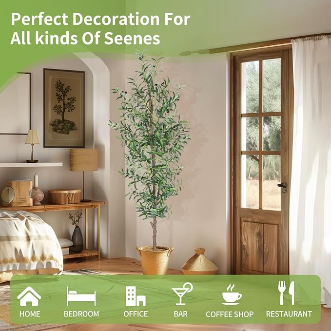 Artificial Olive Tree 8FT Tall Faux Olive Tree Fake Potted Silk Plant | 96in Trunk and Realistic 1574 Leaves and 48 Fruits for Modern Office Home Decor Indoor（1pack）