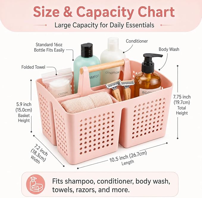 Portable Shower Caddy Basket with 3 Compartments and Handle, Pink | Plastic Divided Toiletry Caddy for Dorm Bathrooms, Skincare, Makeup, Vanities, Gyms, Locker Rooms and Shared Spaces