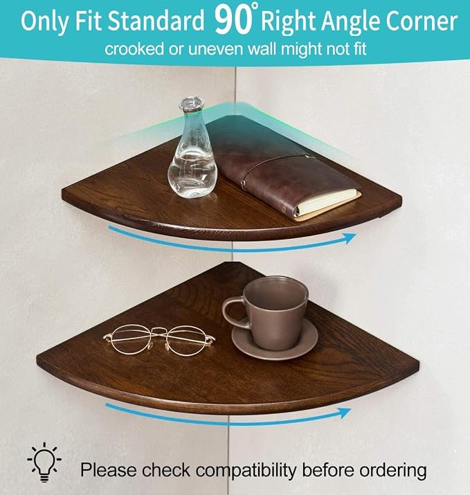 Corner Shelf, Solid Oak Wood Floating Corner Shelf Wall Mount Round End Floating Speaker with Wire Hole for Small Plant Photo for Bedroom Kitchen, Living Room Walnut