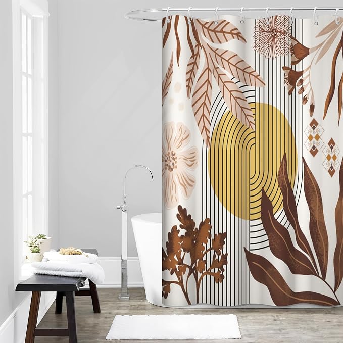 Boho Brown Shower Curtain for Bathroom 60x72 Inch | Waterproof Abstract Tan Floral and Leaves Shower Curtain Set with Hooks, Mid Century Bathroom Decor