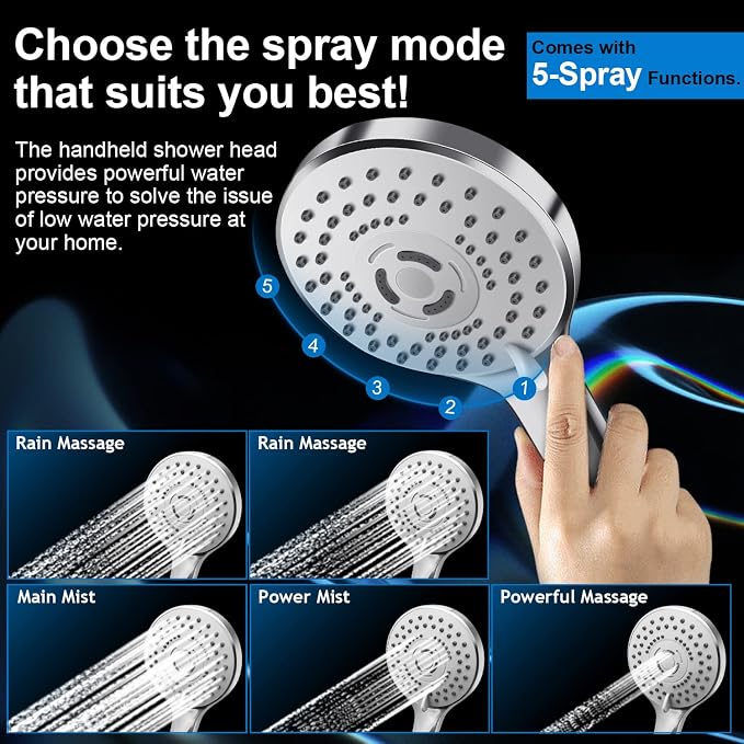 Shower Head Combo,10" High Pressure with 11" Extension Arm 5 Spray Handheld | Rain Shower Head with Handheld Shower Head Combo,Powerful Shower Spray Against Low Pressure Water with Long Hose