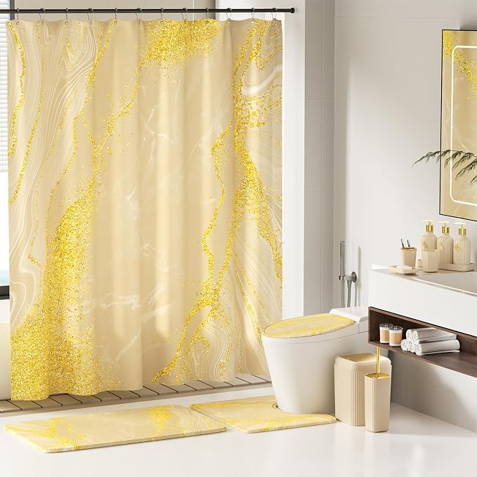 21PCS Bathroom Sets with Shower Curtain and Rugs Bathroom Accessories Set Beige Bathroom Set Complete with Trash Can, Toilet Brush, Qtip Holder & 3PCS Soap Dispenser