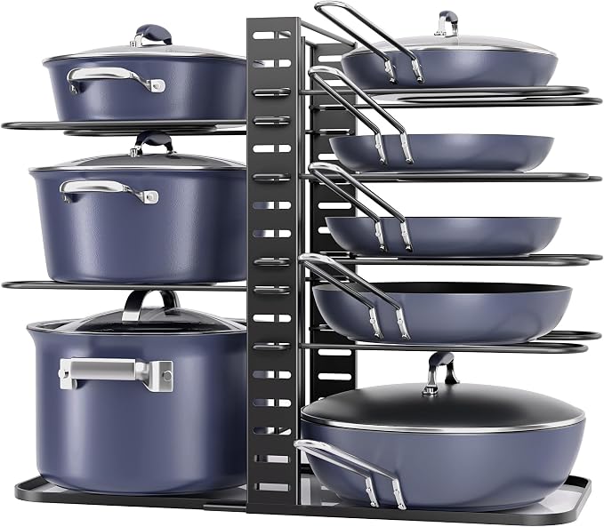 Pots and Pans Organizer Under Cabinet 14.6", 8-Tier Adjustable Rack | 3 DIY Modes, Tool-Free Assembly, Fits 6–11" Lightweight Cookware, For Kitchen Cabinets, Shelves & Countertops Pot Organizer