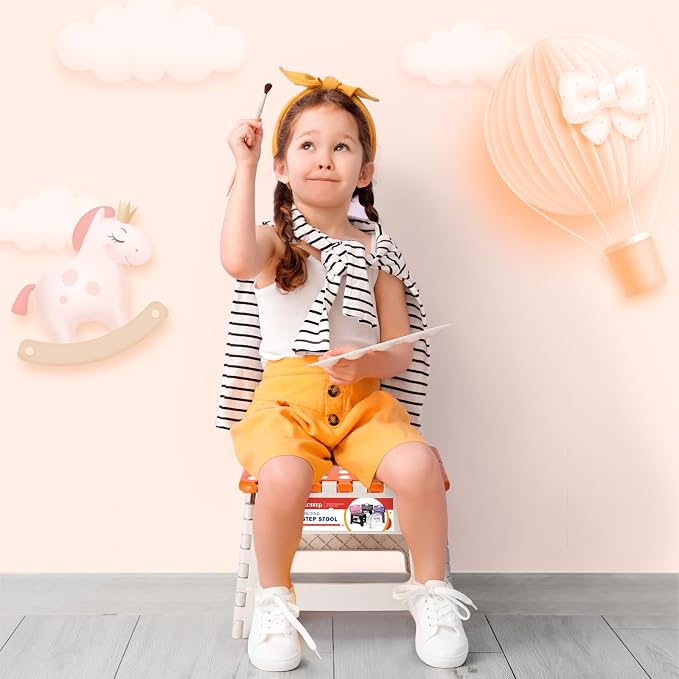 Folding Step Stool 9 Inch for Kids, 300 lbs, Bicolor Orange | Lightweight Plastic Small Foldable Step Stool with Handle, Non-Slip, for Kitchen, Bathroom, Bedroom and Closet