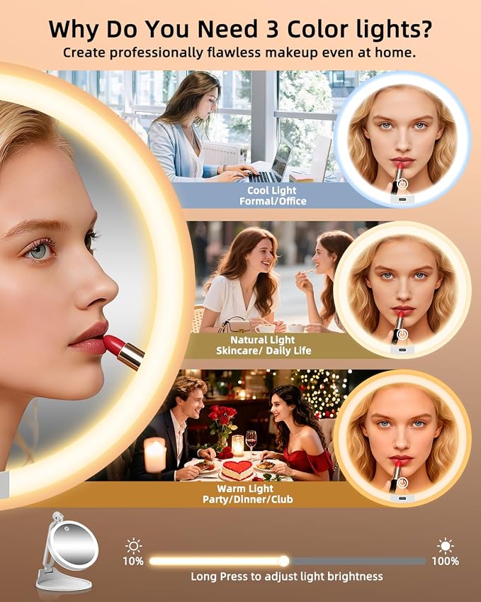 10X/1X Makeup Magnifying Mirror with Lights, 6inch Double-Sided LED Mirror | 360° Rotation Folding Bracket, 3 Color Dimmable Lights, Rechargeable 1500mAh Battery, Desktop 1X/10X Travel Magnifying Mirror