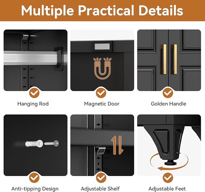Polup 71" Black Metal Armoire Wardrobe Closet with Doors and 1 Drawer | Heavy Duty Steel Clothing Storage Cabinet, 180lbs Adjustable Shelves, Hanging Rod, for Office, Bedroom, Garage, Laundry