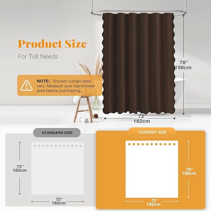 72x78 Boho Scalloped Linen Textured Cloth Shower Curtain Set, Brown | Long Size, 230GSM Waterproof Polyester, Heavy Duty Fabric, 12 Plastic Hooks, Elegant Modern Farmhouse Style, Machine Washable