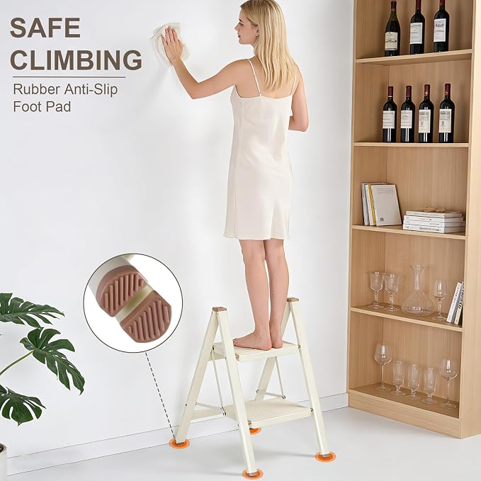 Valeo 2 Step Ladder,Lightweight Folding Step Stool with Wide Anti-Slip Pedal, 330LBS Capacity, Heavy Duty,Sturdy Iron Metal Step Stool for Home, Kitchen, Closet, Adults, Cream White