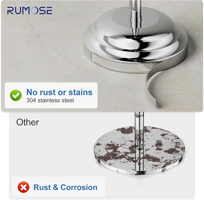 RUMOSE Toilet Paper Holder Stand for Floor Free Standing, Chrome | Bathroom Freestanding Toilet Tissue Roll Holder with Storage, Adjustable 17-25 Inch, Rustproof, SUS304 Stainless Steel
