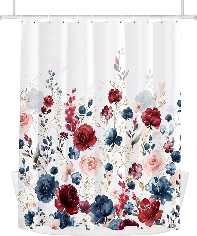 Tititex Aesthetic Navy Red Pink Rose Floral Shower Curtain Sets, Watercolor Gold Flowers Leaves Bathroom Decorative 71x71 Inch Polyester Waterproof Fabric Bath Curtain with Hooks