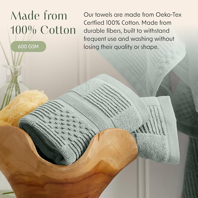 100% Cotton Bath Towel Set | 6-Piece Set | Eucalyptus | Luxury Geometric Design | Absorbent & Quick-Dry Bathroom Towels | Textured and Durable Cotton Towels for Bathroom | OEKO-TEX