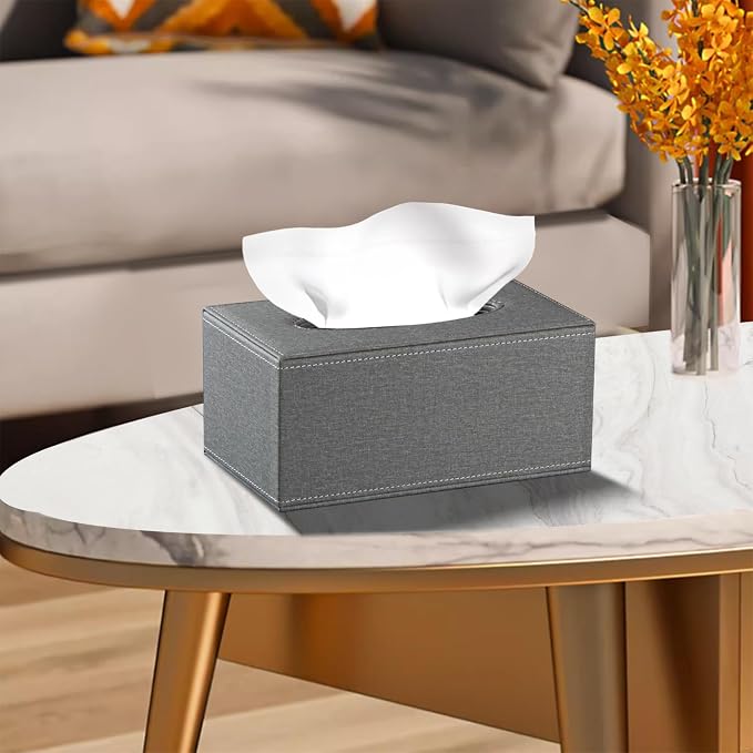 Linen Tissue Box Cover Rectangle,Aesthetic Facial Tissue Cube Box Holder | Pu Leather Facial Paper Napkin Dispenser Organizer,Rectangular Decor Tissue Cover for Bathroom,NightStand,Coffee Table,Home