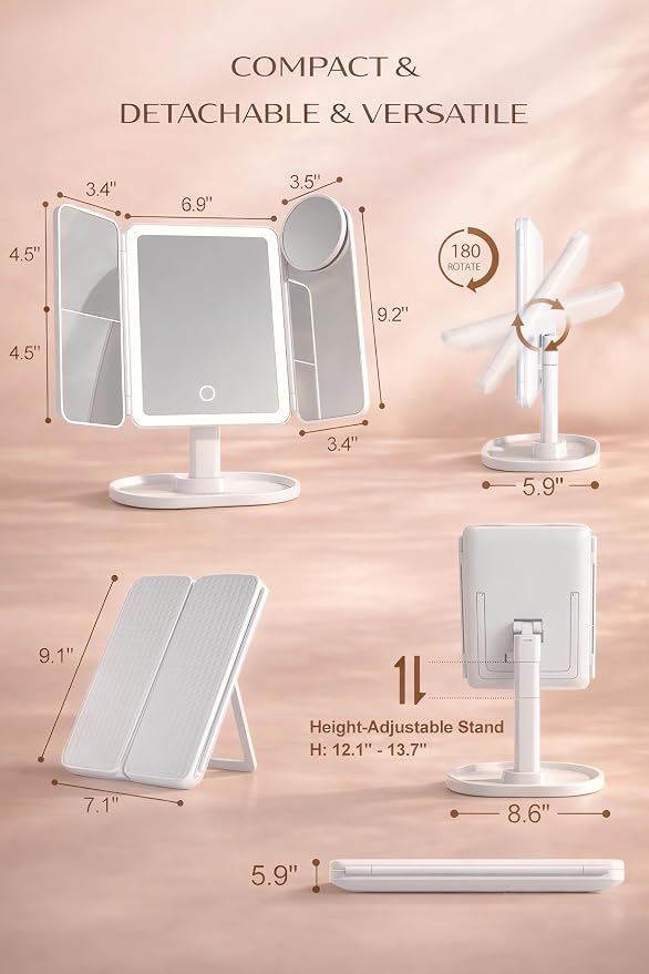 Lupow Lighted Makeup Vanity Mirror, 4 Magnifications, Rechargeable, Trifold | 1X/2X/3X/10X Views, Seamless Light Strip, Dimmable 3-Color Lighting, 2000mAh Battery, Height Adjustable, Gift For Women