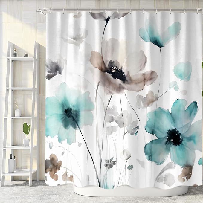 Sanzugh Boho Floral Shower Curtain, Cream Tan Beige Teal Grey White Flower Farmhouse Fabric Shower Curtains Set for Bathroom Decorative with Hooks 72 X 72 inch Spring Bath Decor