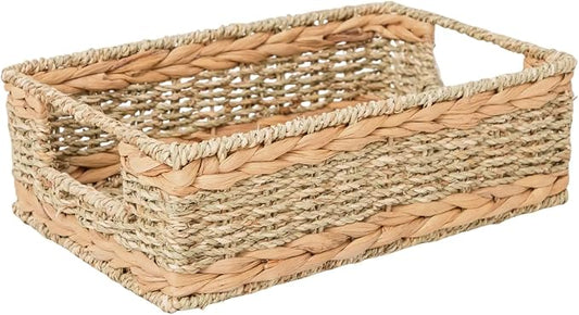 Small Water Hyacinth&Seagrass Storage Basket Organizer | Rectangle Rustic Woven wicker basket with handle,perfect for shelves, countertops,or as a gift basket