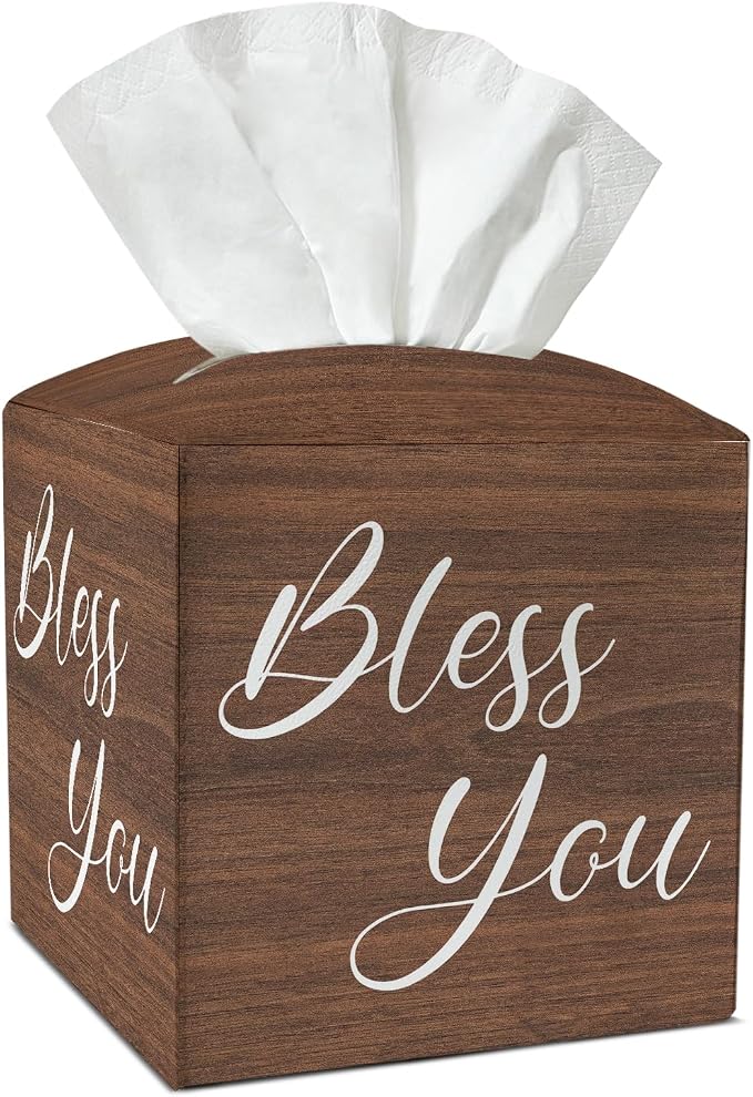Bless You Tissue Box Covers Square, Wooden Board Texture Leather Tissue Box Holders Decorative for Car Nightstand Home Office Bathroom Organizer, Square Facial Paper Organizer Home Decor -021