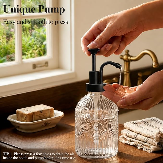 SheeChung 12oz Vintage Glass Soap Dispenser with Black Pump, Clear, 2 Pack | Refillable Dish and Hand Soap Dispenser for Bathroom Kitchen, Rustic Liquid Lotion Bottle,BPA-Free,Funnel,Mat,Farmhouse Decor