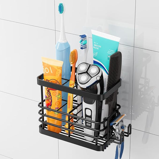 TAILI Powerful Suction Cup Toothbrush Holders with Segmented Design 5 Slots | Wall Mounted, Drainage Shower Tooth Brush and Toothpaste Holder, No Drilling Removable Bathroom Organizer with Razor Hook