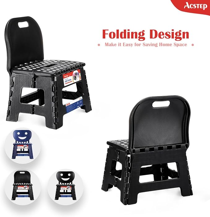 Folding Kids Step Stool with Back Support for Kids,9" Plastic Kids Chair for Outdoor or Indoor Kitchen Step Stools and Bathroom Stool for Toddlers Boys Girls
