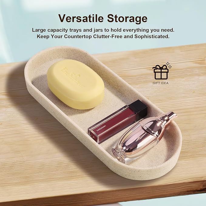 6-Piece Bathroom Accessories Set - Resin Bathroom Set, Lotion Dispenser, Tumbler, Vanity Tray, Cotton Swab Jars with Lids, Bathroom Organizer, Elegant Bath Decor for Home Dorm Hotel Countertop (Beige)