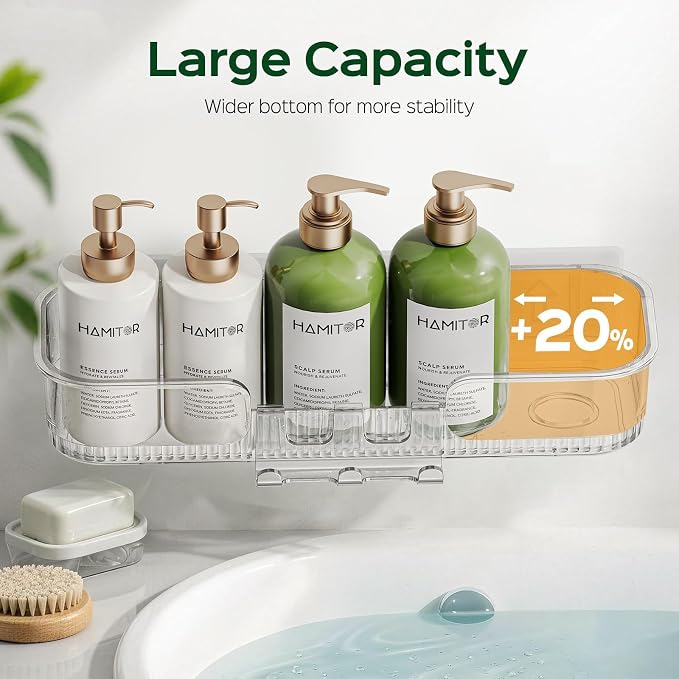 HAMITOR 2 Pack Adhesive Shower Caddy, Clear Transparent Shower Organizer | Modern Clear Design, Waterproof Adhesive Setup, Quick Drainage Shelves, Perfect for Homeowner, Apartments & Stylish Bathrooms