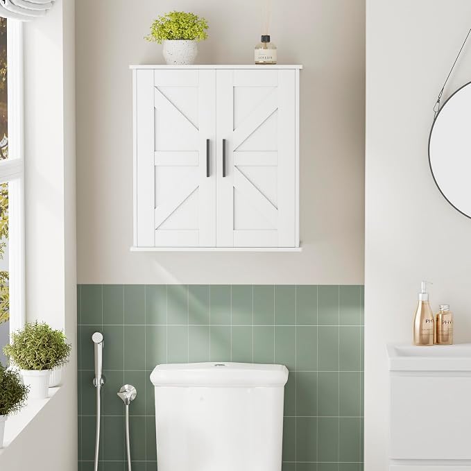 Homleke Bathroom Wall Cabinet, Medicine Cabinet with Adjustable Shelves | 3-Tier Wall Mounted Over Toilet Storage with Barn Doors, for Bathroom, Kitchen, Entryway, Laundry Room, White, (11.8" D)