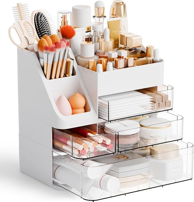 White Makeup Organizer Countertop With 4 Drawers,Large Cosmetics Storage Organizer for Brush,Hair Products,Plastic Makeup Holders and Beauty Skincare Organizers for Bathroom,Vanity,Dresser Top