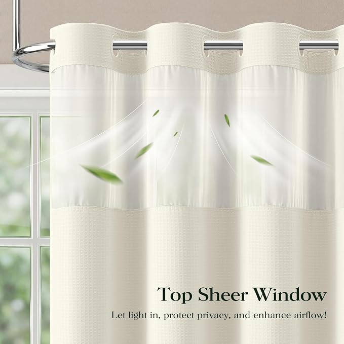 Cream Hook Free Waffle Shower Curtain & Snap-in Fabric Liner,60x75 | Less Time to install, 3 in 1 Fabric Shower Curtain and Liner Set with Magnets, Stall, Shower Curtains for Bathroom