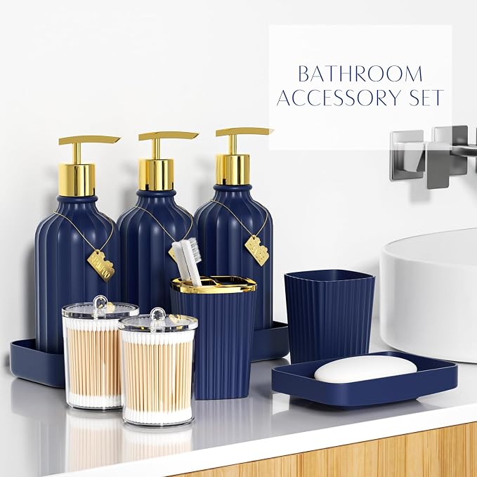 21PCS Bathroom Sets with Shower Curtain and Rugs Bathroom Accessories Set Navy Blue Bathroom Set Complete with Trash Can, Toilet Brush, Qtip Holder & 3PCS Soap Dispenser