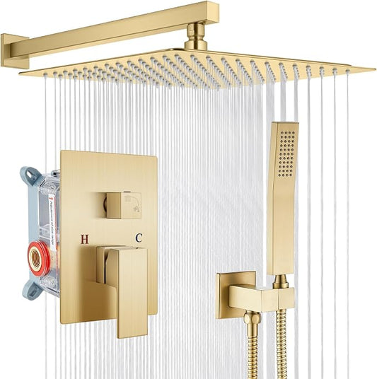 gotonovo Shower Faucet Set with Handheld Spray Brushed Gold,16'' Head | SUS304 Rainfall Shower Head and Handle Set System Fixture,Pressure Balance Valve Trim Kit,Single Handle,Wall Mount,All Metal